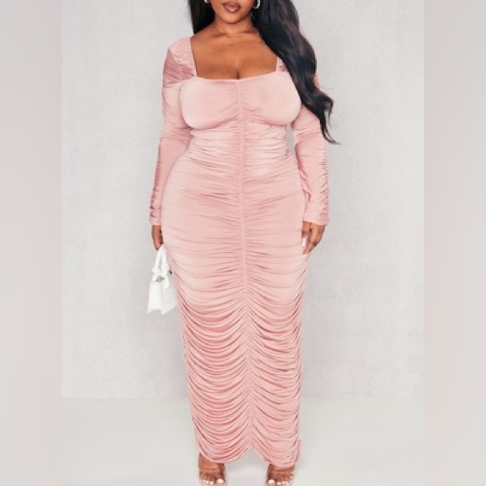 PRETTY LITTLE THING Dress Womens 14 Pink Ruched Bodycon Maxi Off Shoulder Party